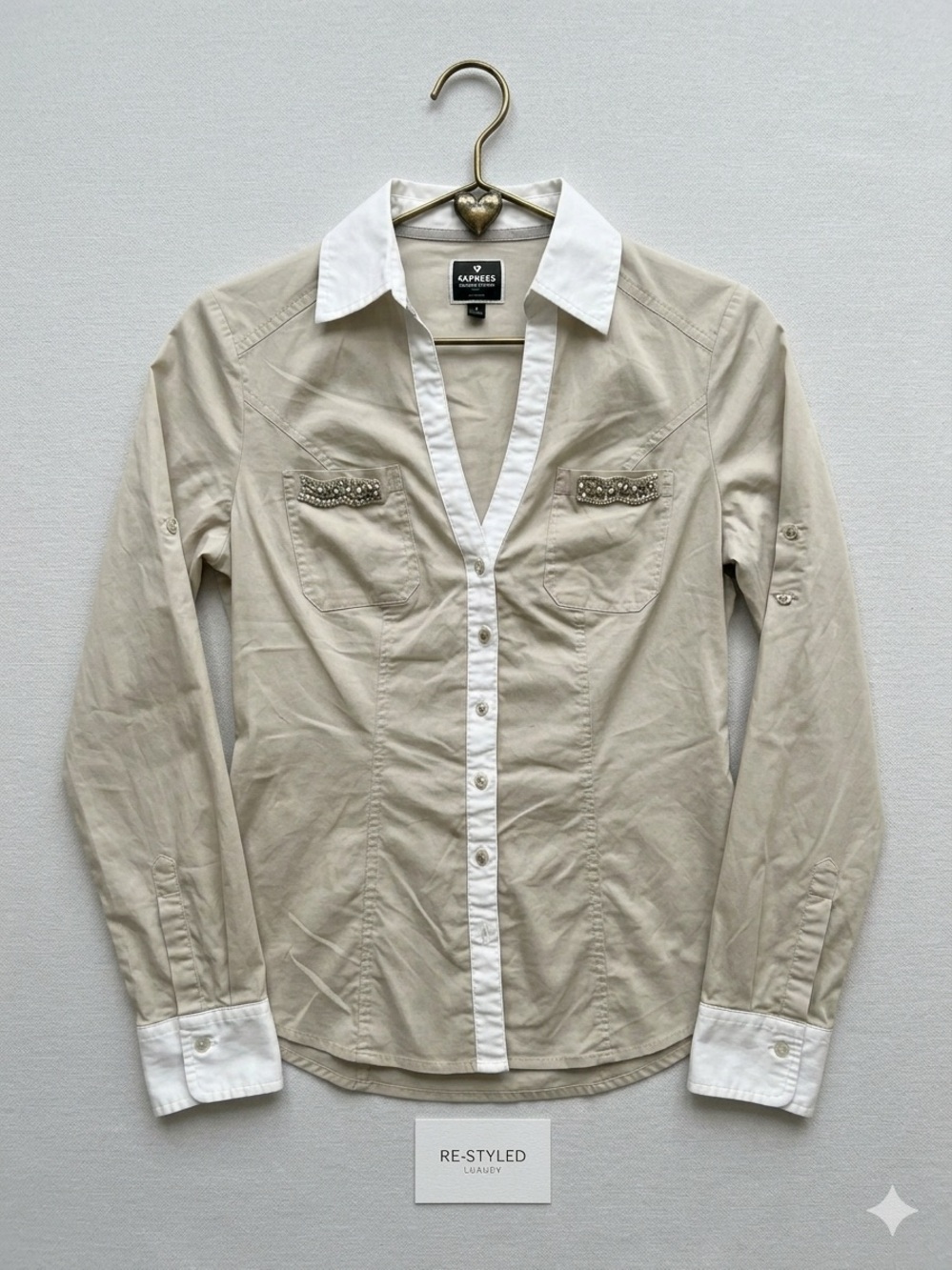 Express Beige Button-Front Shirt with White Trim